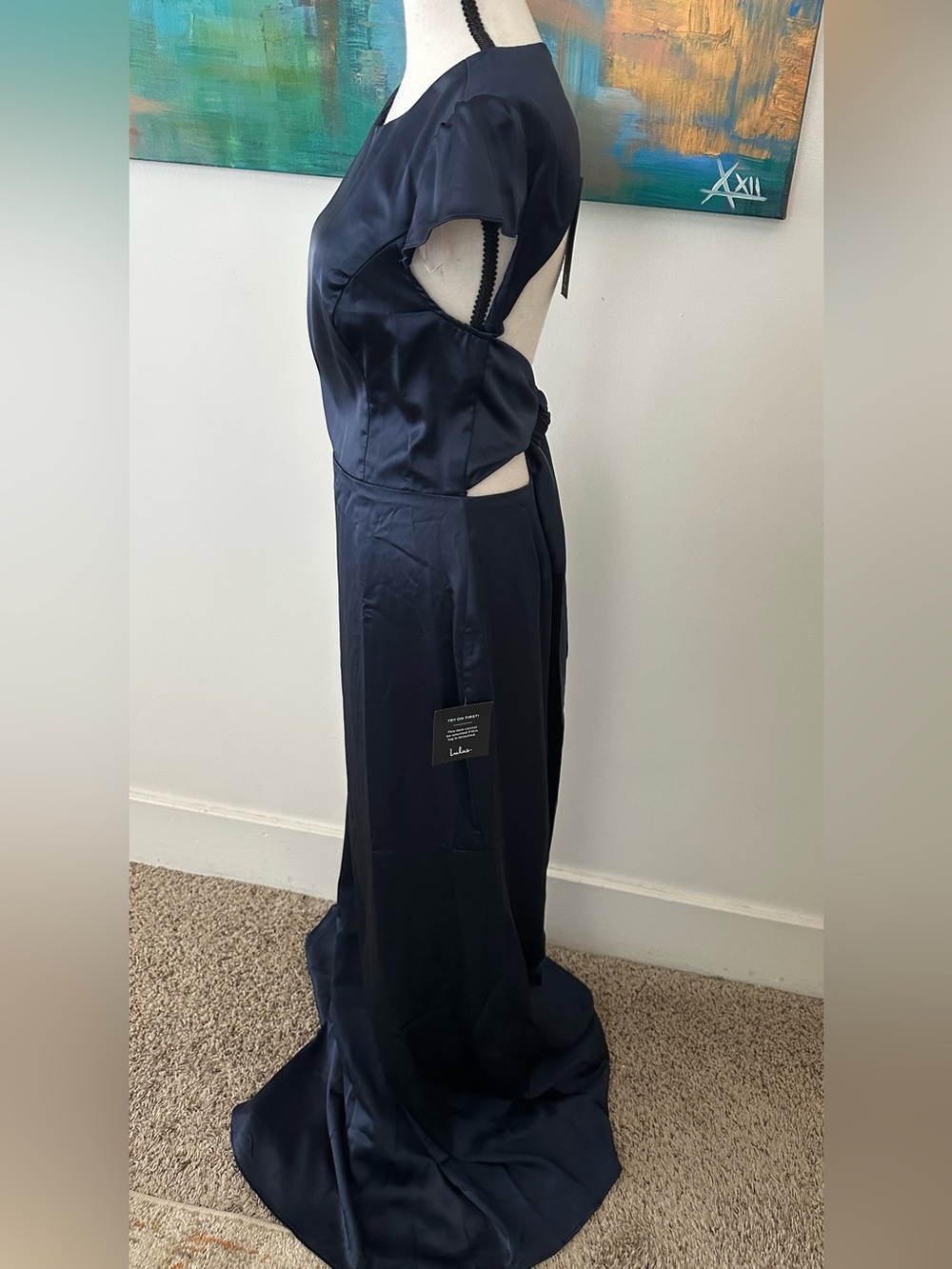 Lulus NWT Celebration Of Romance Navy Satin Back Tie Maxi Dress Gown L - Picture 8 of 15